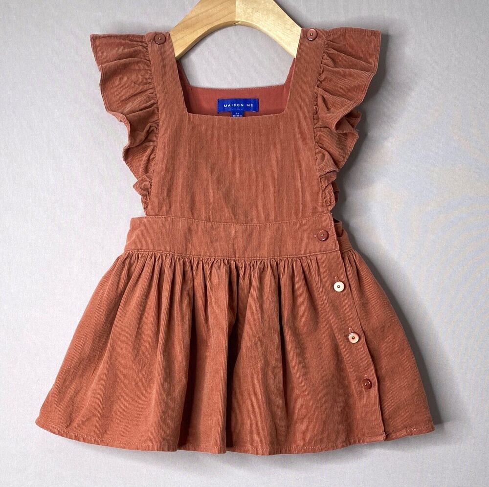 Maison Me Corduroy Ruffle Sleeve Emilia Pinafore Dress Dusty Rose Girls 2 Yrs